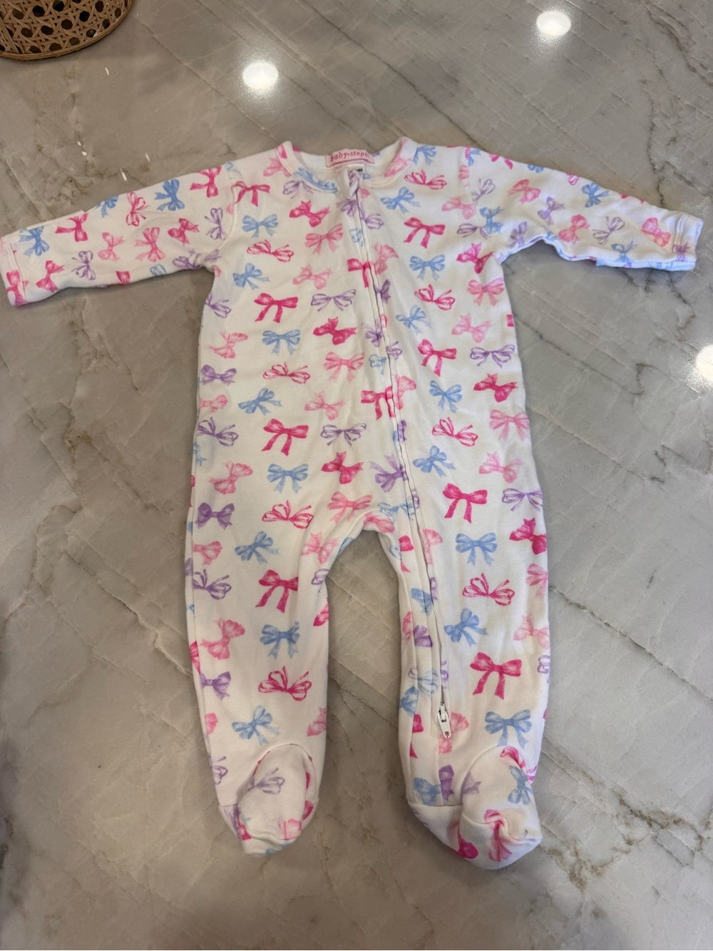 NWOT - Baby Steps White Footed One-Piece with Pink, Blue & Purple Bows